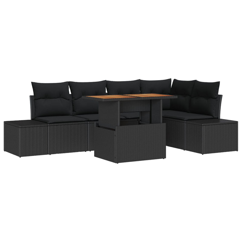 6 Piece Garden Sofa Set with Cushions - Black Poly Rattan