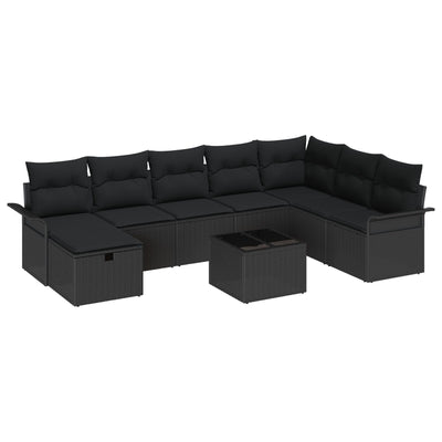 9 Piece Garden Sofa Set with Cushions Black Poly Rattan
