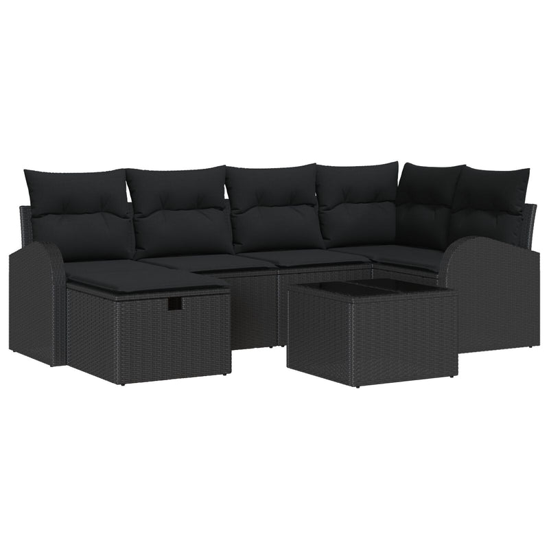 7 Piece Garden Sofa Set with Cushions Black Poly Rattan