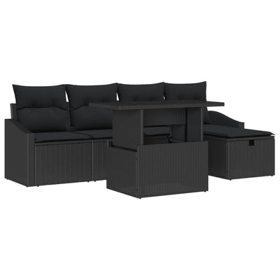 6 Piece Garden Sofa Set with Cushions Black Poly Rattan