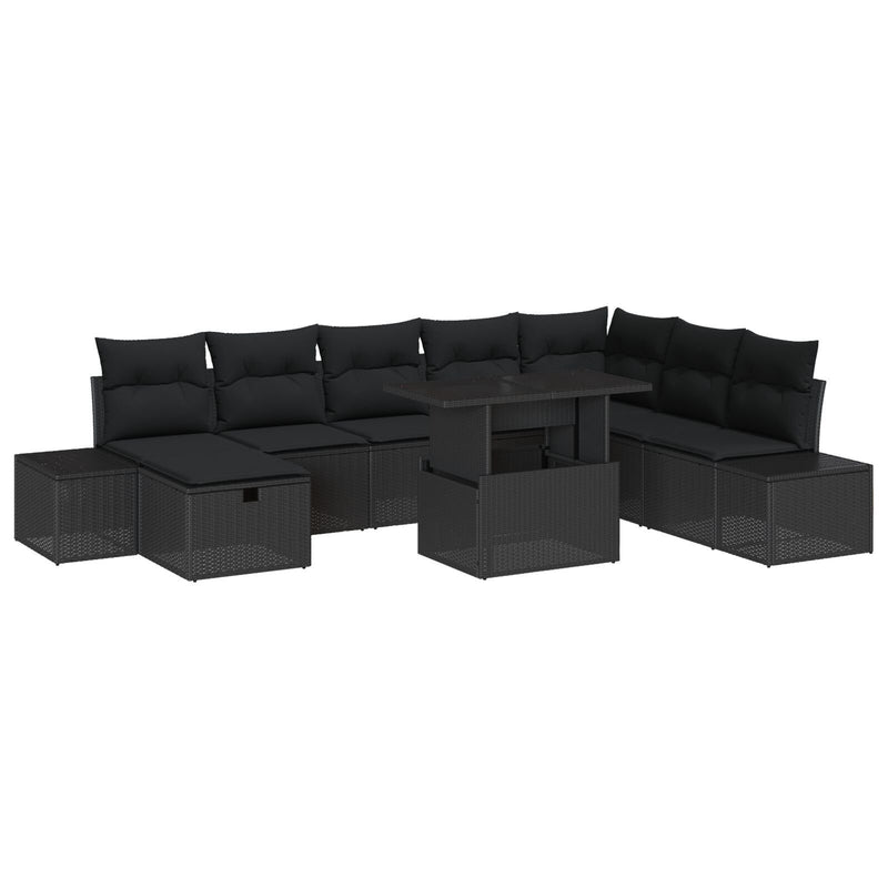 9 Piece Garden Sofa Set with Cushions Black Poly Rattan