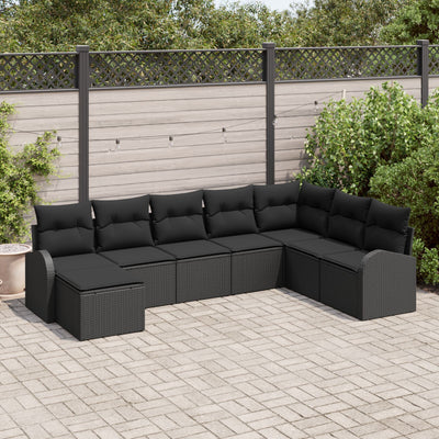 8 Piece Garden Sofa Set with Cushions Black Poly Rattan
