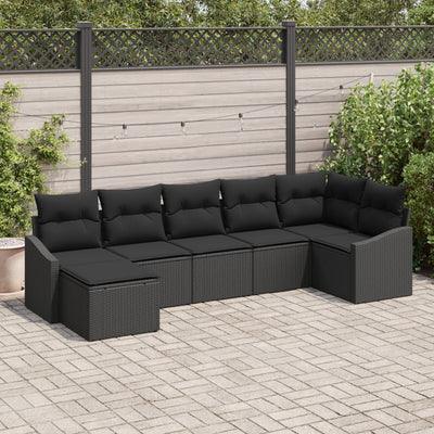 7 Piece Garden Sofa Set with Cushions Black Poly Rattan