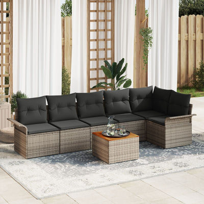 7 Piece Garden Sofa Set with Cushions Grey Poly Rattan Acacia