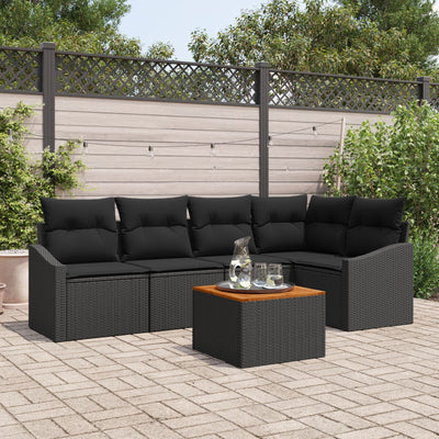 6 Piece Garden Sofa Set with Cushions Black Poly Rattan Acacia