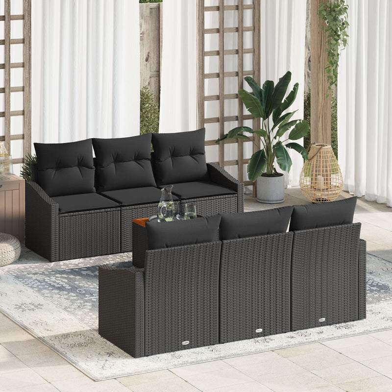 7 Piece Garden Sofa Set with Cushions Black Poly Rattan Acacia
