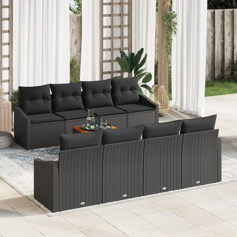 7 Piece Garden Sofa Set with Cushions Black Poly Rattan Acacia