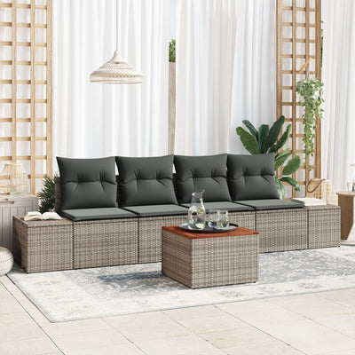 5 Piece Garden Sofa Set with Cushions Grey Poly Rattan Acacia