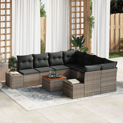 9 Piece Garden Sofa Set with Cushions Grey Poly Rattan Acacia
