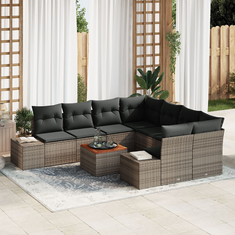 9 Piece Garden Sofa Set with Cushions Grey Poly Rattan Acacia