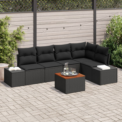 6 Piece Garden Sofa Set with Cushions Black Poly Rattan Acacia