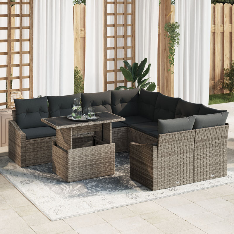 9 Piece Garden Sofa Set with Cushions Grey Poly Rattan