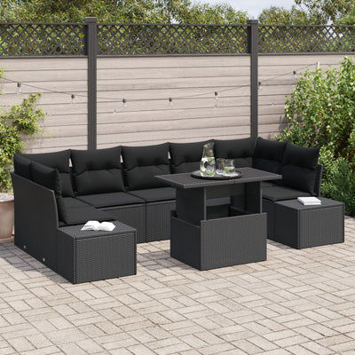 8 Piece Garden Sofa Set with Cushions Black Poly Rattan