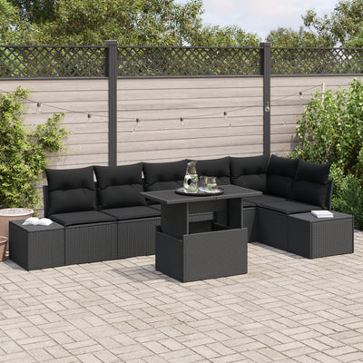 7 Piece Garden Sofa Set with Cushions Black Poly Rattan