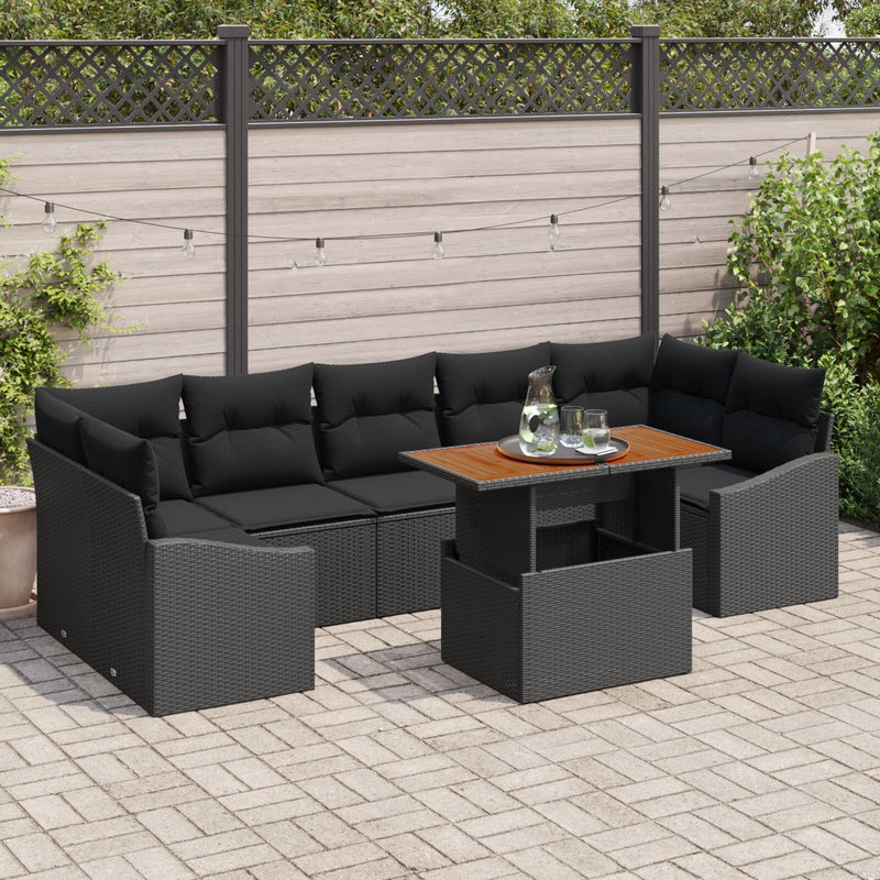 8 Piece Garden Sofa Set with Cushions Black Poly Rattan