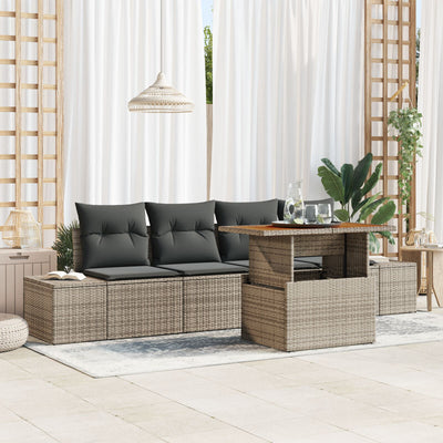 5 Piece Garden Sofa Set with Cushions Grey Poly Rattan