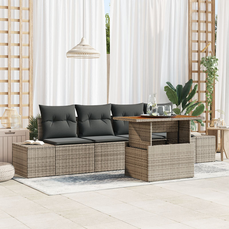 5 Piece Garden Sofa Set with Cushions Grey Poly Rattan