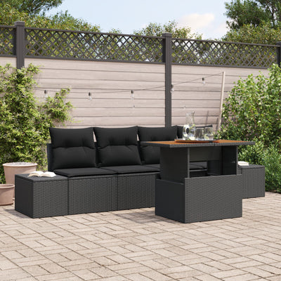 5 Piece Garden Sofa Set with Cushions Black Poly Rattan