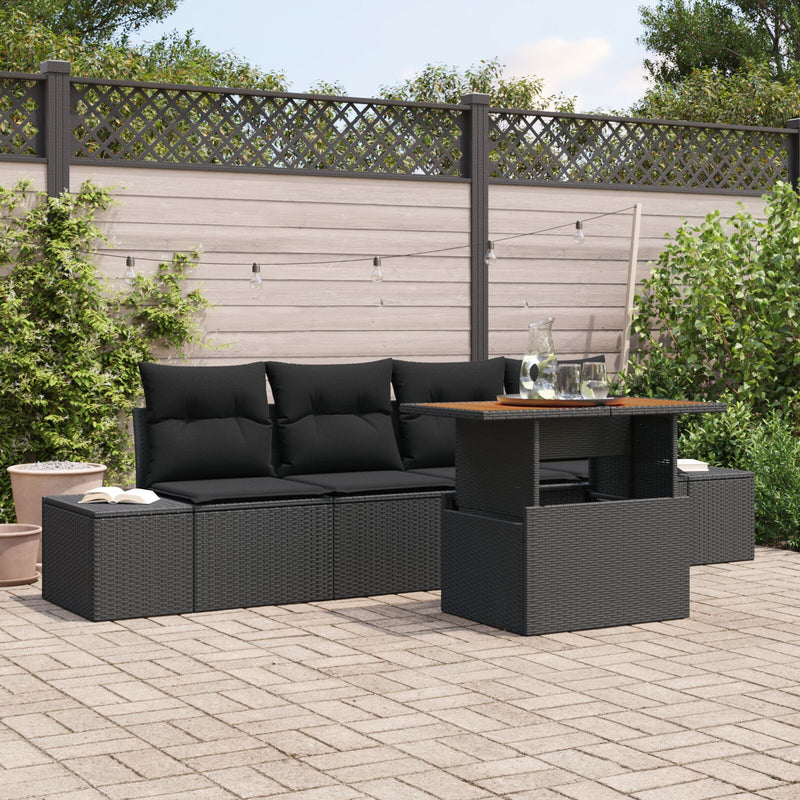 5 Piece Garden Sofa Set with Cushions Black Poly Rattan