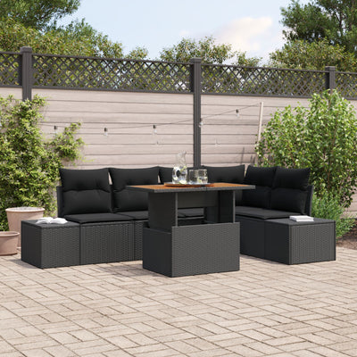 6 Piece Garden Sofa Set with Cushions - Black Poly Rattan