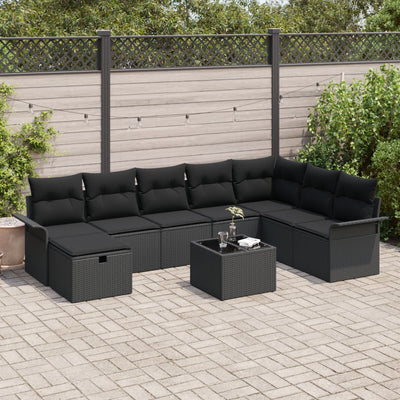 9 Piece Garden Sofa Set with Cushions Black Poly Rattan