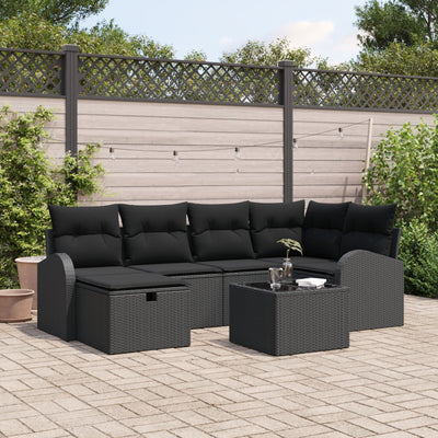 7 Piece Garden Sofa Set with Cushions Black Poly Rattan