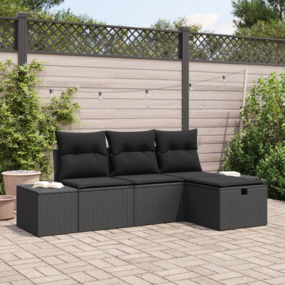 4 Piece Garden Sofa Set with Cushions Black Poly Rattan