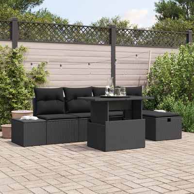 6 Piece Garden Sofa Set with Cushions Black Poly Rattan