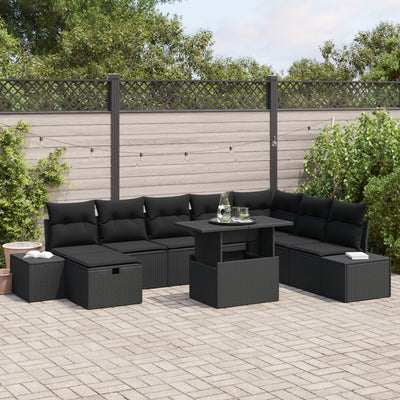 9 Piece Garden Sofa Set with Cushions Black Poly Rattan