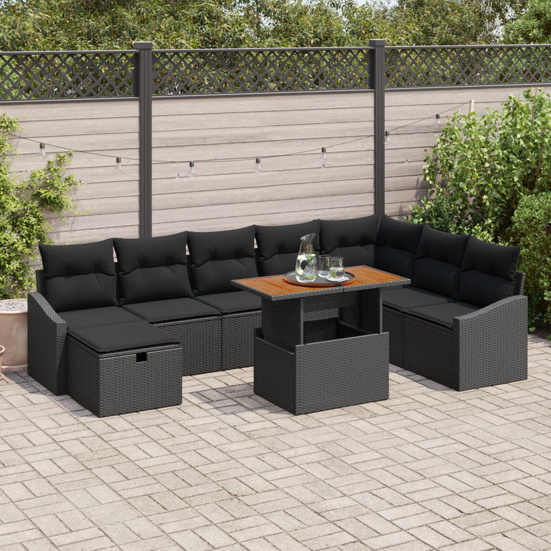 9 Piece Garden Sofa Set with Cushions Black Poly Rattan