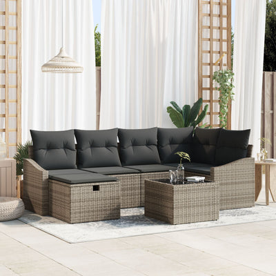 7 Piece Garden Sofa Set with Cushions Grey Poly Rattan