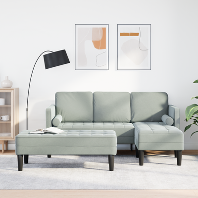 Garden Sofa with Bench and Cushions L-Shaped Light Grey Velvet, vidaXL 3-Seater Sofa with Chaise L-shaped Light Grey 160 cm Velvet, vidaXL Bench Light Grey 113 cm Velvet