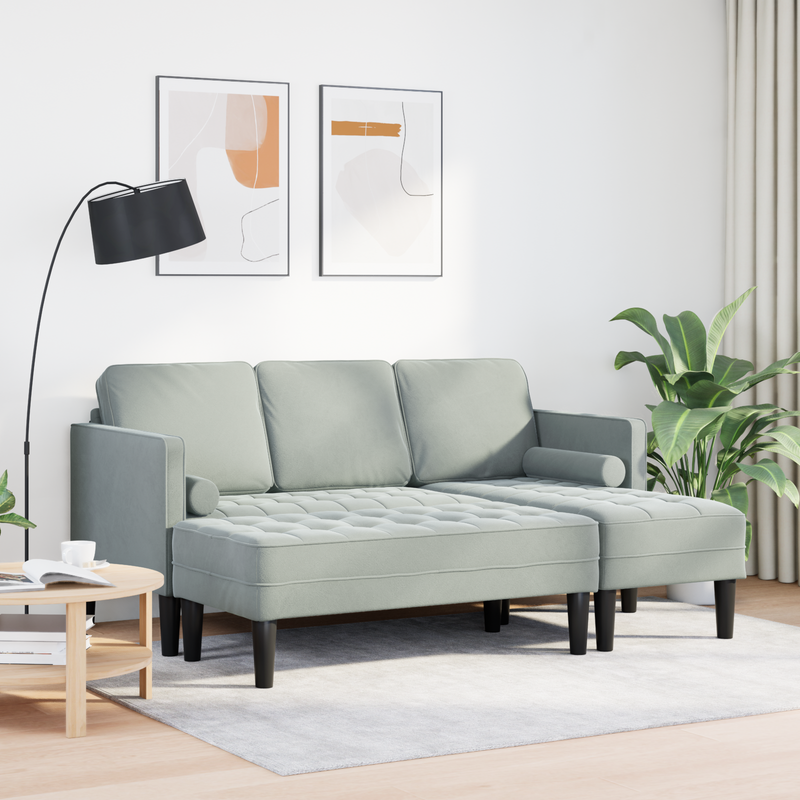 Garden Sofa with Bench and Cushions L-Shaped Light Grey Velvet, vidaXL 3-Seater Sofa with Chaise L-shaped Light Grey 160 cm Velvet, vidaXL Bench Light Grey 113 cm Velvet