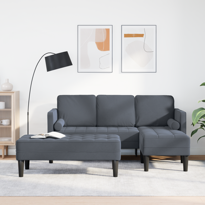 Garden Sofa with Bench and Cushions L-Shaped Dark Grey Velvet, vidaXL 3-Seater Sofa with Chaise L-shaped Dark Grey 160 cm Velvet, vidaXL Bench Dark Grey 113 cm Velvet