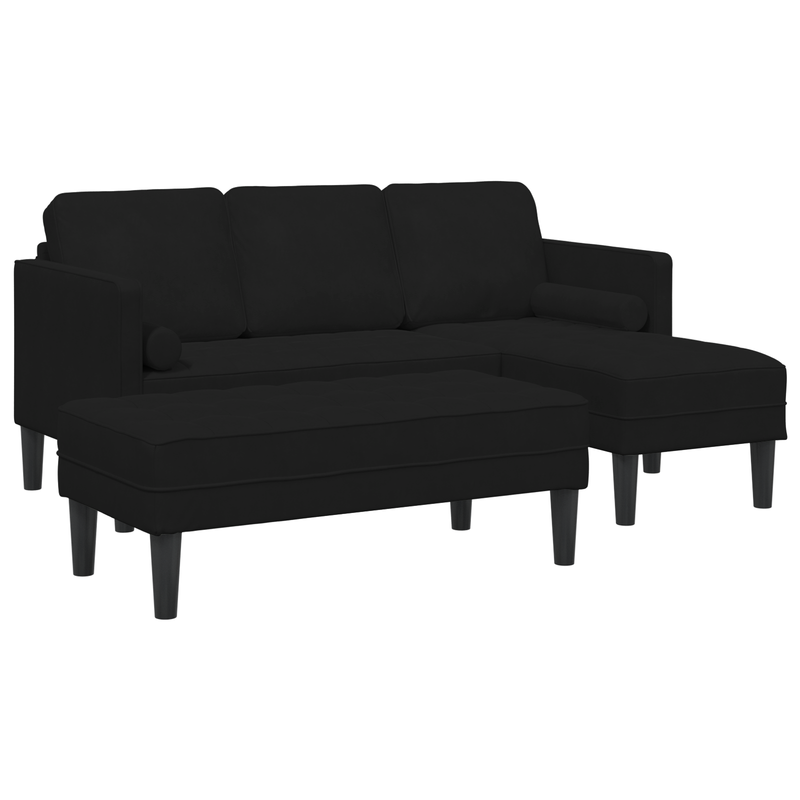 Garden Sofa with Bench and Cushions L-Shaped Black Velvet, vidaXL 3-Seater Sofa with Chaise L-shaped Black 160 cm Velvet, vidaXL Bench Black 113x57x39 cm Velvet