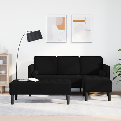 Garden Sofa with Bench and Cushions L-Shaped Black Velvet, vidaXL 3-Seater Sofa with Chaise L-shaped Black 160 cm Velvet, vidaXL Bench Black 113x57x39 cm Velvet