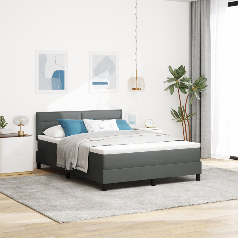 Box Spring Bed with Mattress Dark Grey Queen Fabric, vidaXL Headboard Lines Design Dark Grey 160 cm Fabric