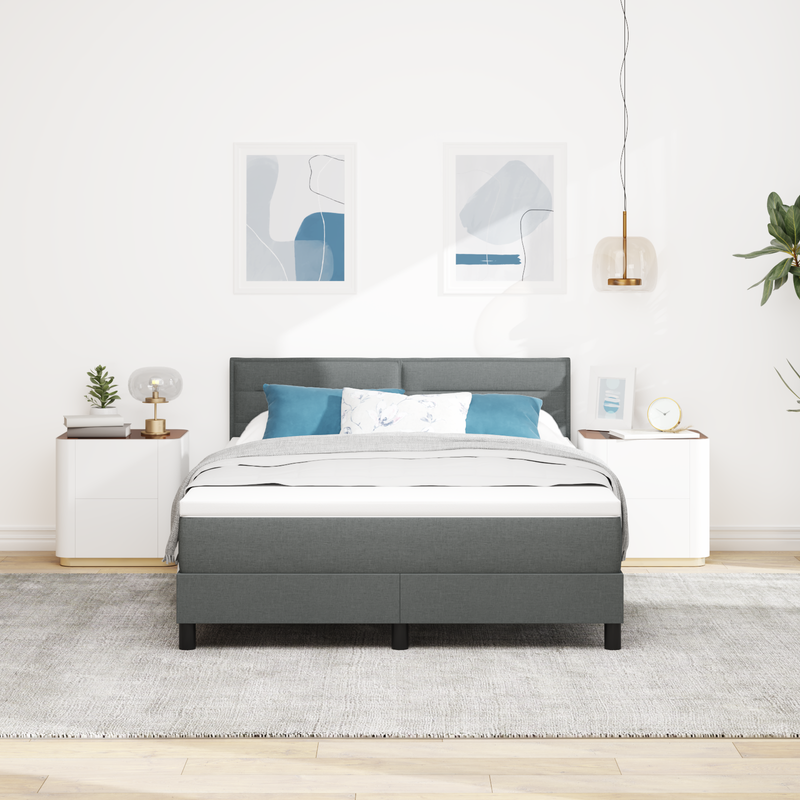 Box Spring Bed with Mattress Dark Grey Queen Fabric, vidaXL Headboard Lines Design Dark Grey 160 cm Fabric