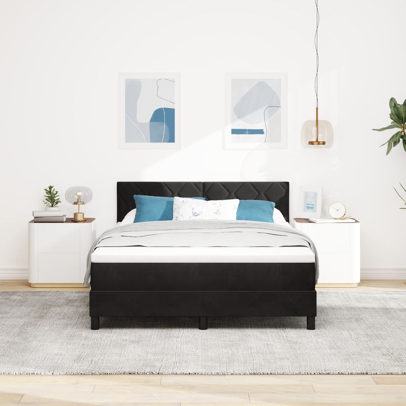 Box Spring Bed with Mattress Black Full Velvet, vidaXL Headboard Diamond Blocks Design Black 140 cm Velvet