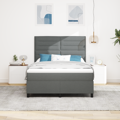 Box Spring Bed with Mattress Dark Grey Queen Fabric, vidaXL Headboard Lines Design Dark Grey 160 cm Fabric
