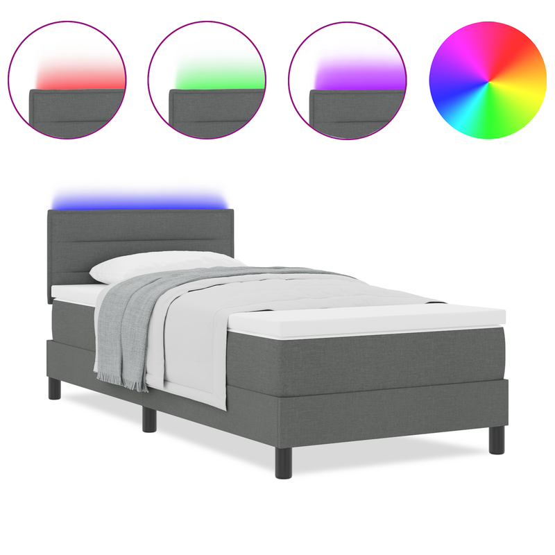 Box Spring Bed with Mattress & LED Dark Grey King Single Fabric