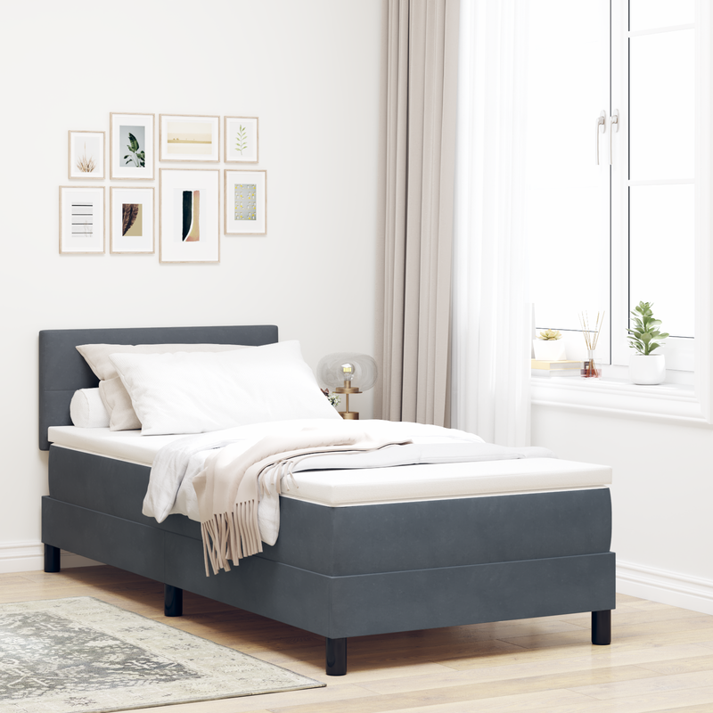Box Spring Bed with Mattress & LED Dark Grey King Single Fabric