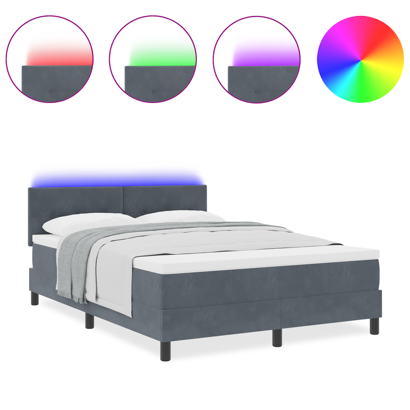 Box Spring Bed with Mattress & LED Dark Grey Queen Fabric