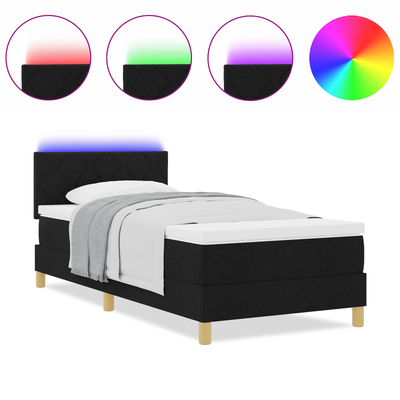 Box Spring Bed with Mattress & LED Black King Single Velvet