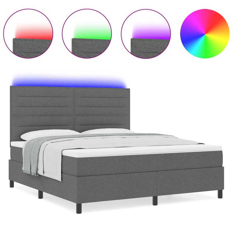 Box Spring Bed with Mattress & LED Dark Grey Queen Fabric