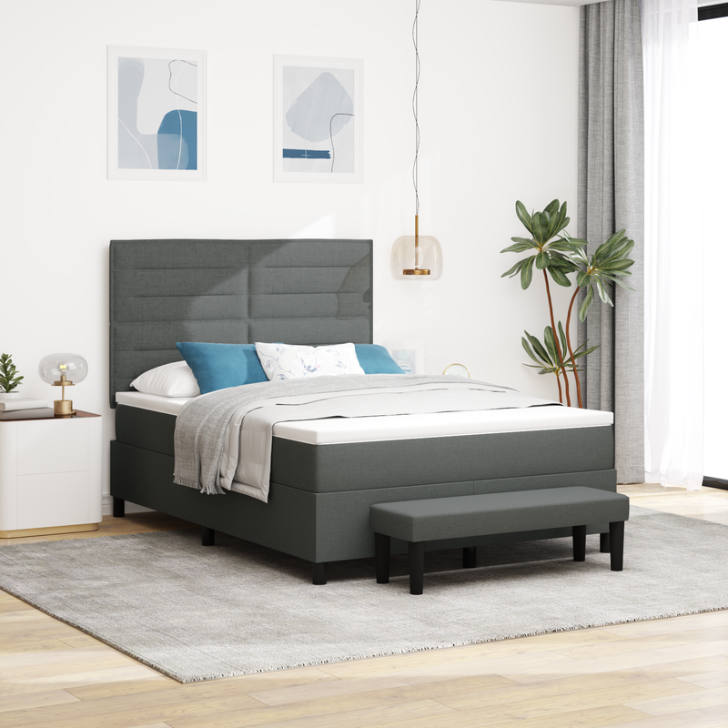 Box Spring Bed with Mattress & Bench Dark Grey Queen Fabric, vidaXL Headboard Lines Design Dark Grey 160 cm Fabric