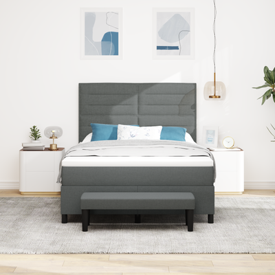 Box Spring Bed with Mattress & Bench Dark Grey Queen Fabric, vidaXL Headboard Lines Design Dark Grey 160 cm Fabric