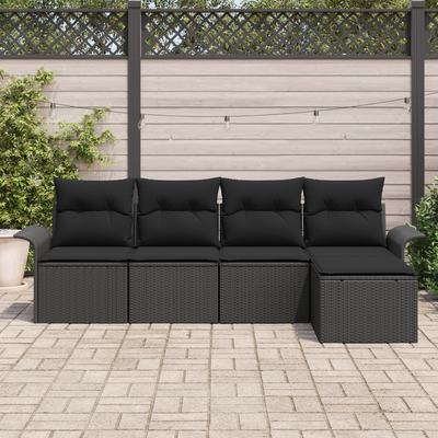 5 Piece Garden Sofa Set with Cushions Black Poly Rattan