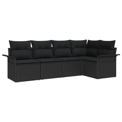 5 Piece Garden Sofa Set with Cushions Black Poly Rattan