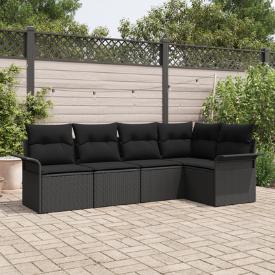 5 Piece Garden Sofa Set with Cushions Black Poly Rattan